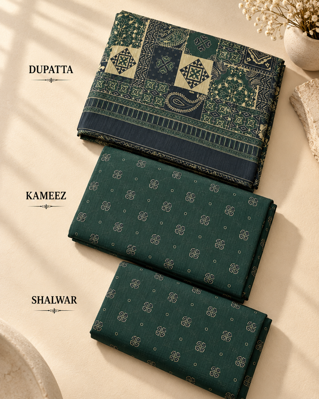 Forest Green 3-Piece Unstitched Printed Khaddar Suit
