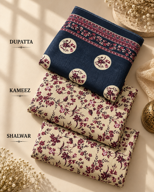 Botanical 3-Piece Unstitched Printed Khaddar Suit