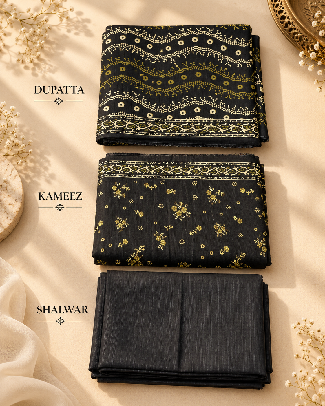 Minimal Black & Gold 3-Piece Unstitched Printed Khaddar Suit