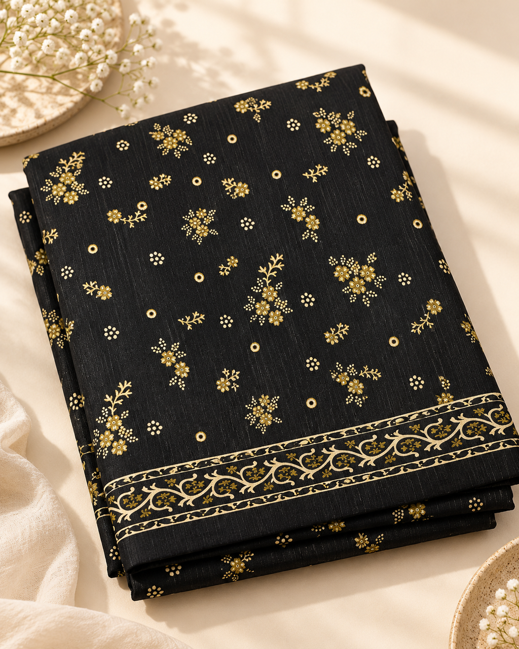 Minimal Black & Gold 3-Piece Unstitched Printed Khaddar Suit
