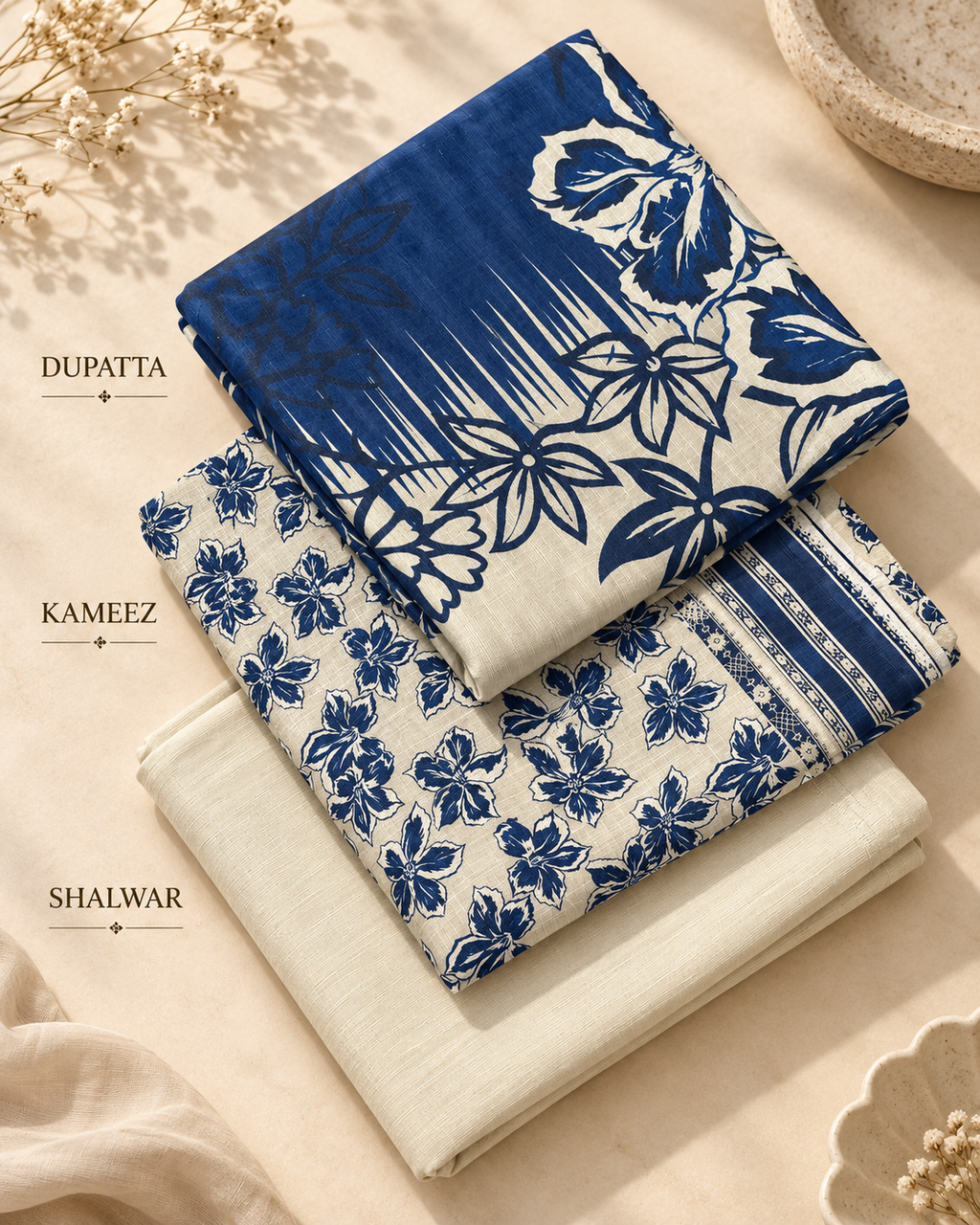 Navy Floral 3-Piece Unstitched Printed Khaddar Suit