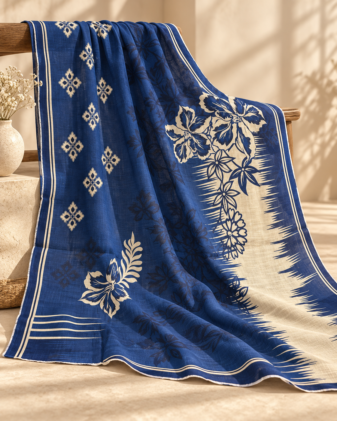 Navy Floral 3-Piece Unstitched Printed Khaddar Suit