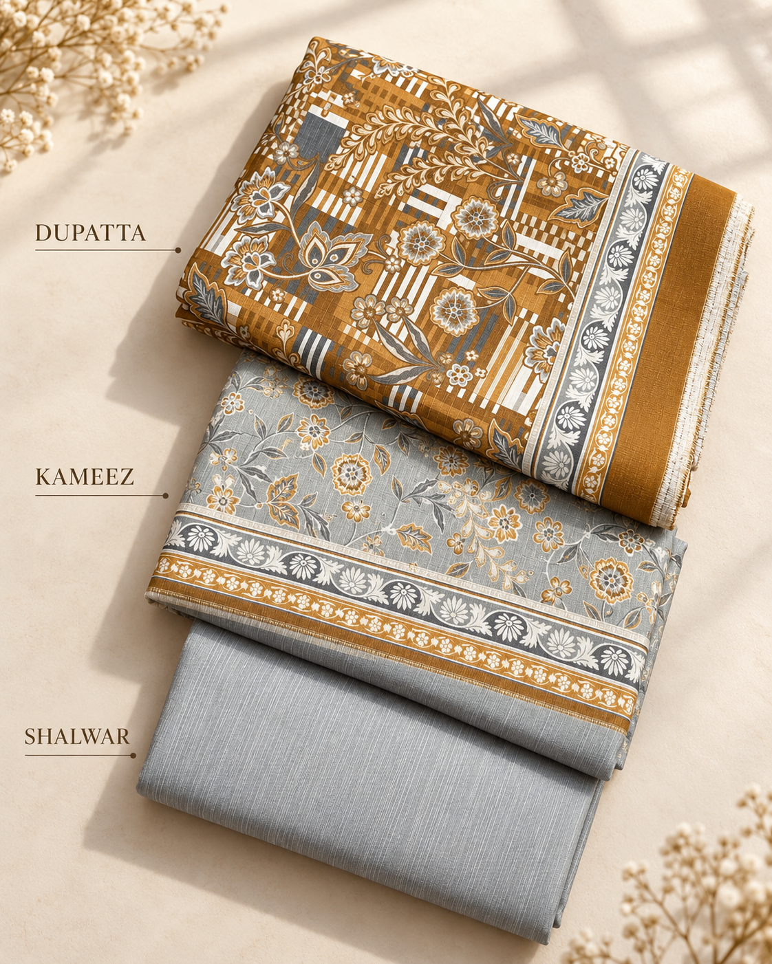 Golden Grey Floral 3-Piece Unstitched Printed Khaddar Suit