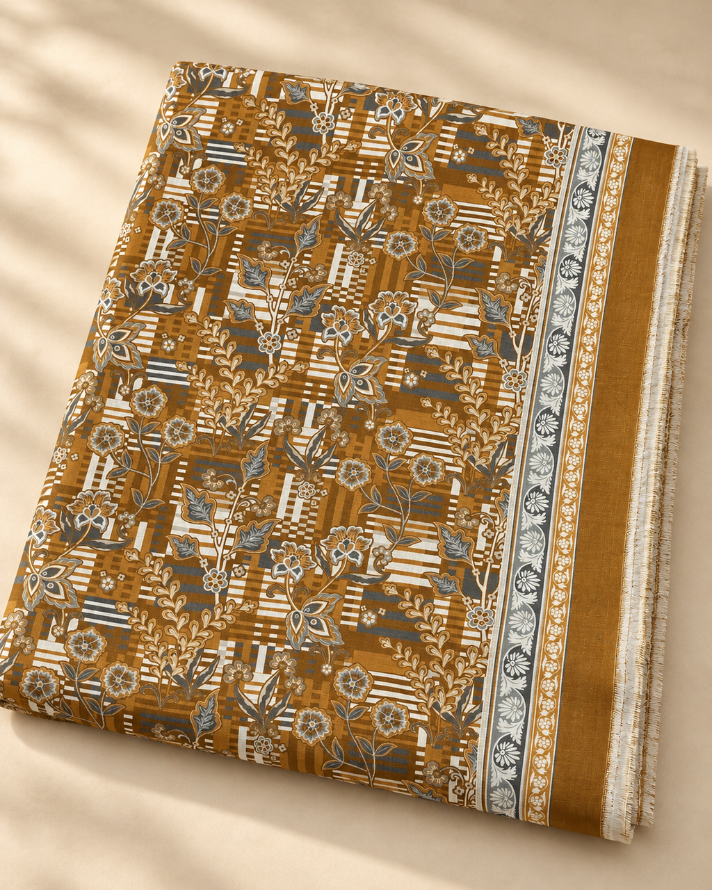 Golden Grey Floral 3-Piece Unstitched Printed Khaddar Suit