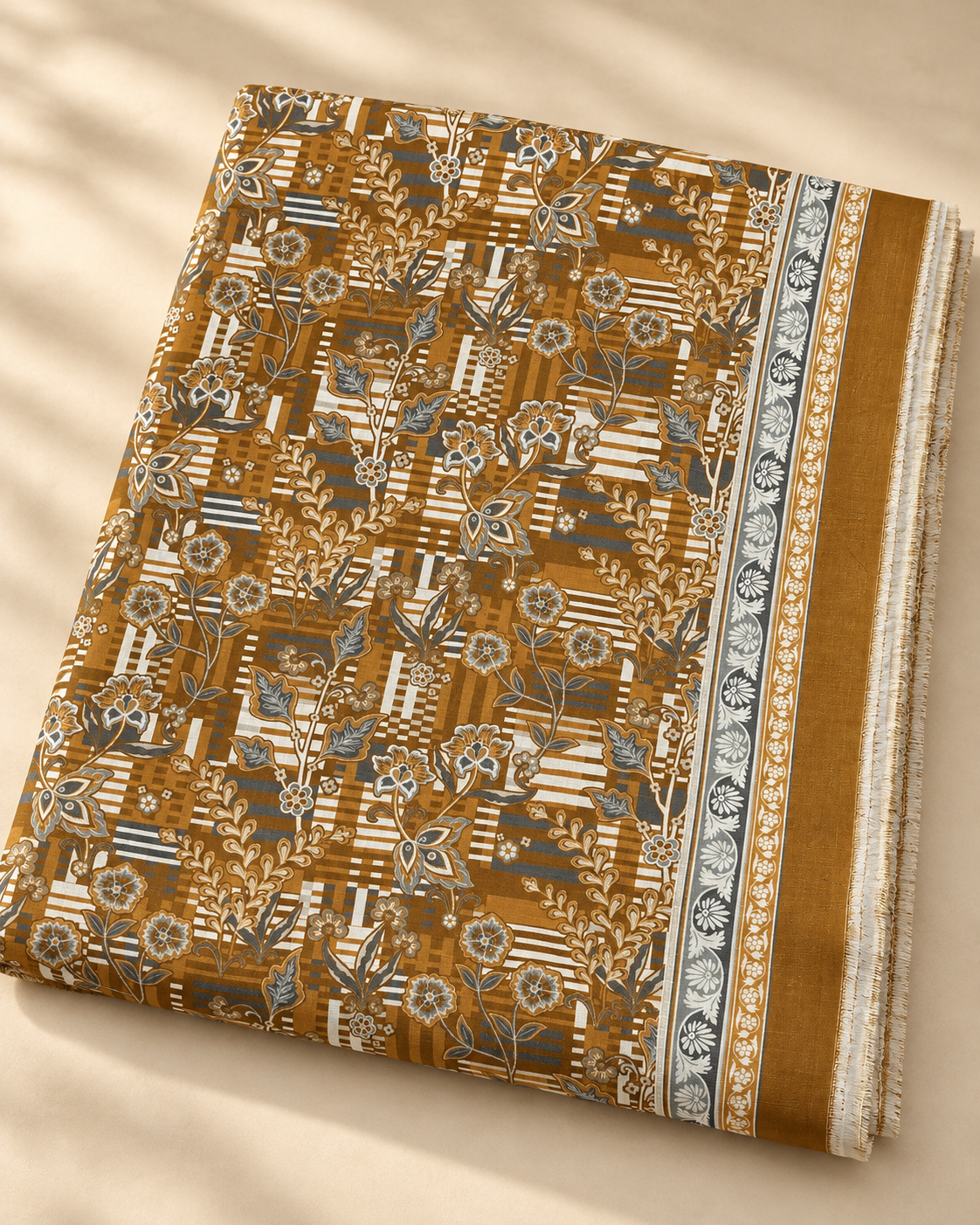 Golden Grey Floral 3-Piece Unstitched Printed Khaddar Suit