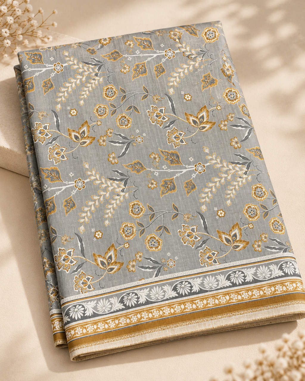 Golden Grey Floral 3-Piece Unstitched Printed Khaddar Suit