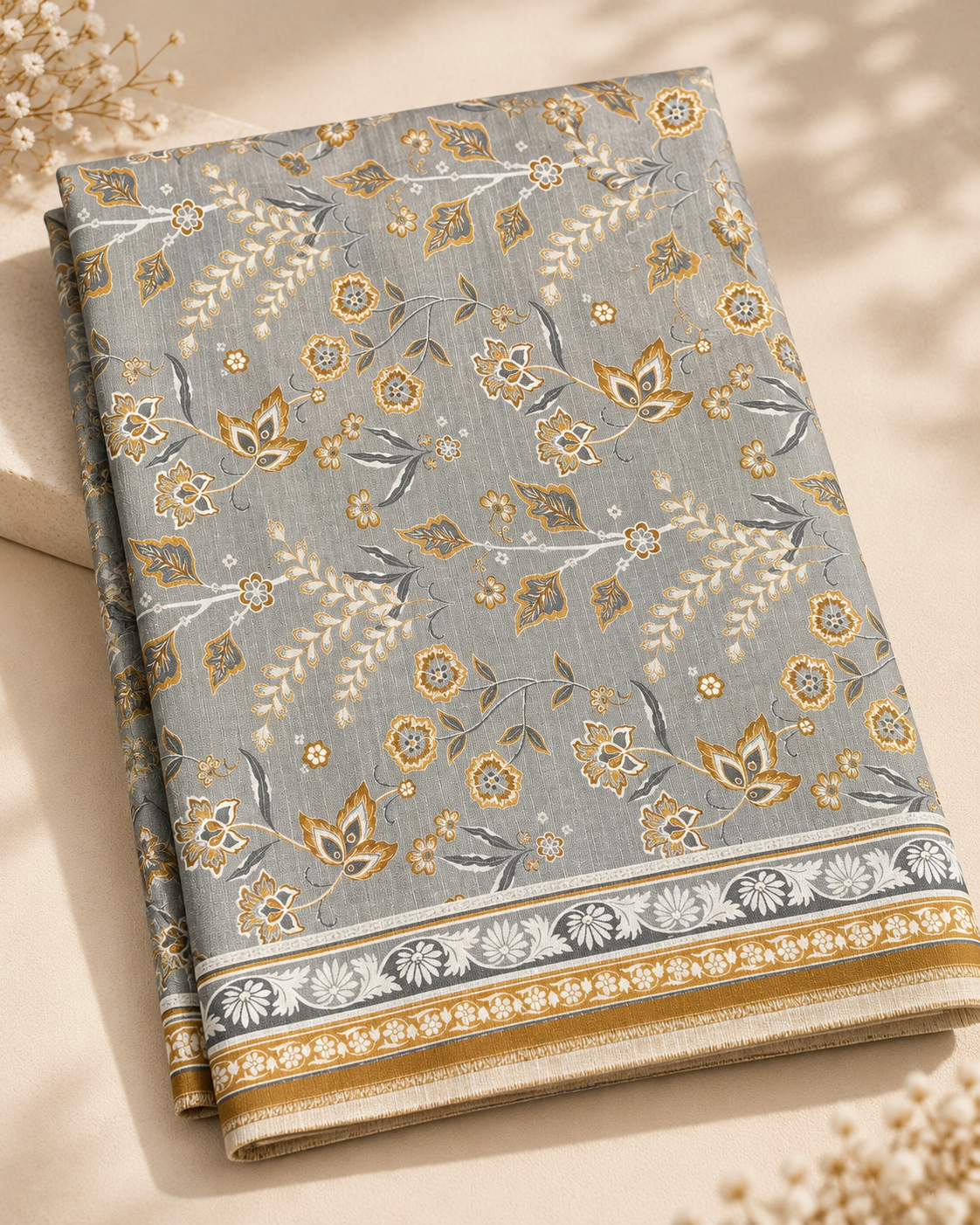 Golden Grey Floral 3-Piece Unstitched Printed Khaddar Suit