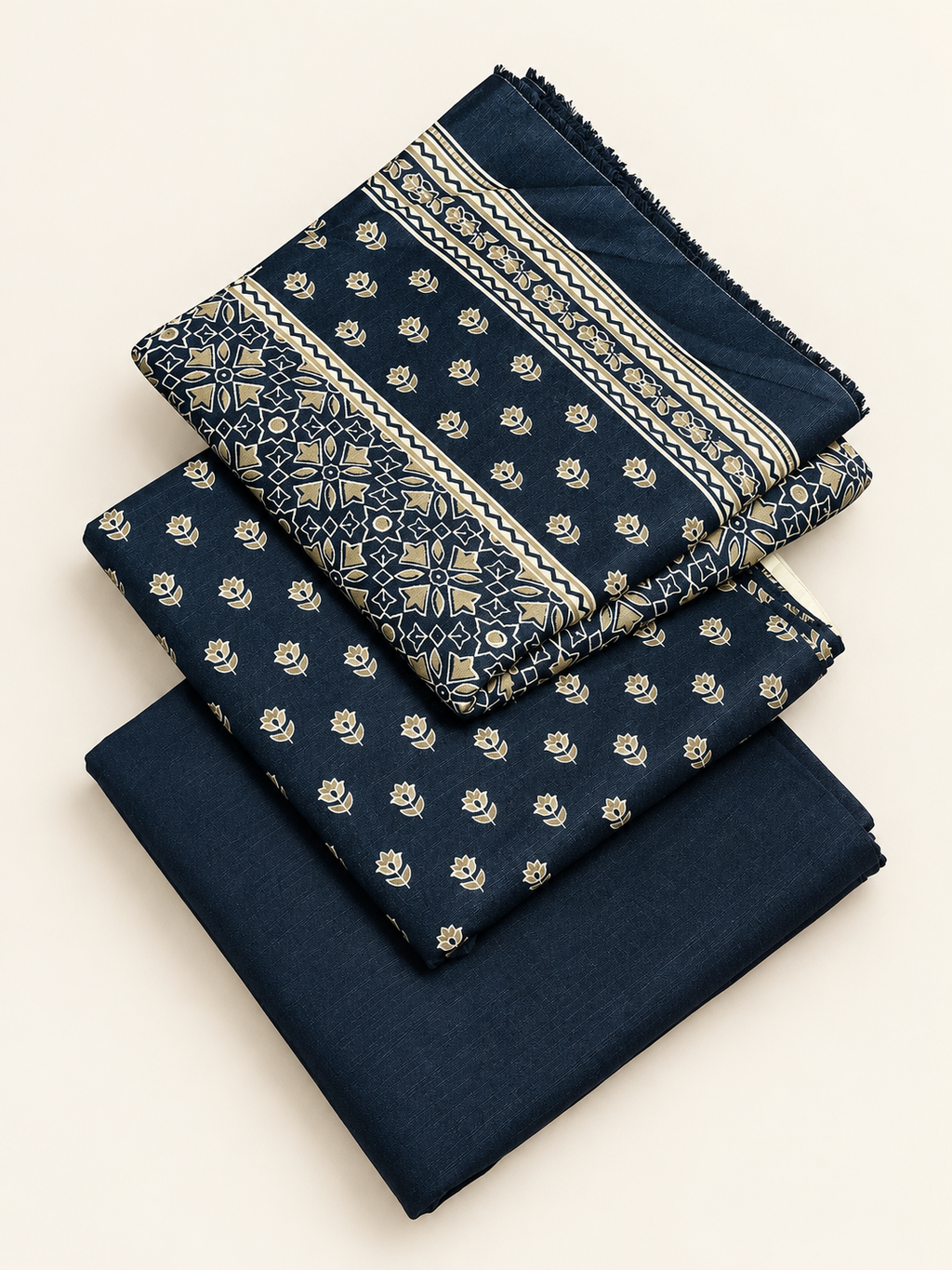 Navy Floral 3-Piece Unstitched Printed Khaddar Suit