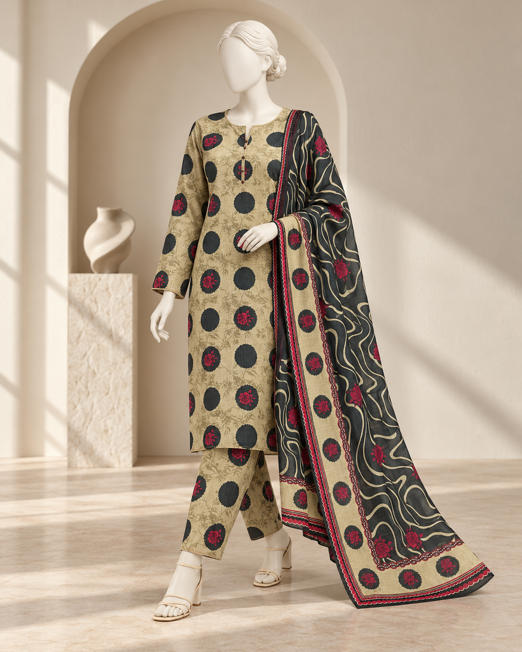 Ivory in Rose Patterned Dots 3-Piece Unstitched Printed Khaddar Suit