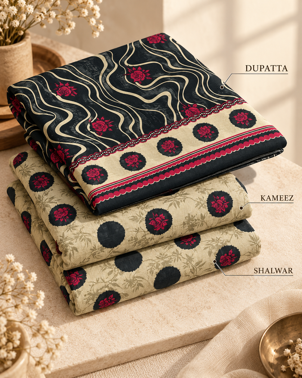 Ivory in Rose Patterned Dots 3-Piece Unstitched Printed Khaddar Suit