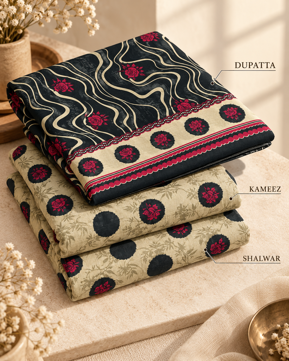 Ivory in Rose Patterned Dots 3-Piece Unstitched Printed Khaddar Suit