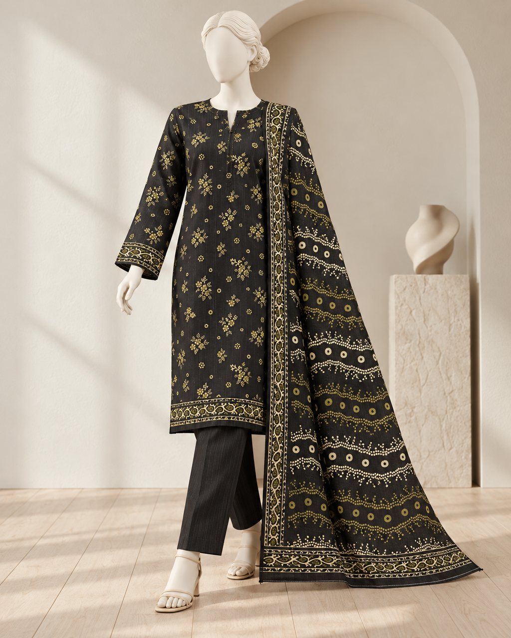 Minimal Black & Gold 3-Piece Unstitched Printed Khaddar Suit