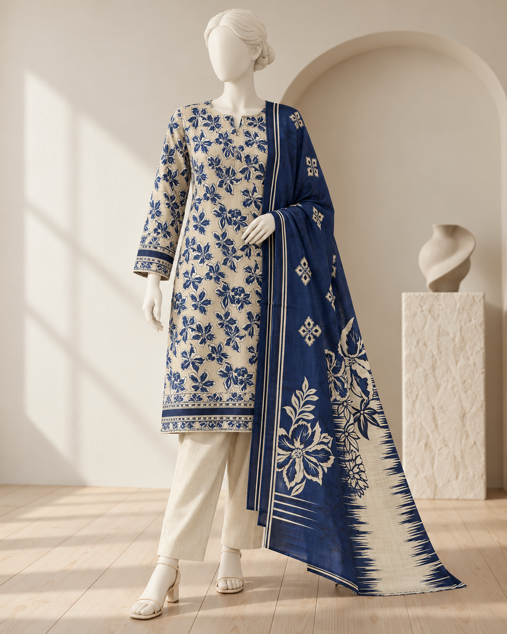 Navy Floral 3-Piece Unstitched Printed Khaddar Suit