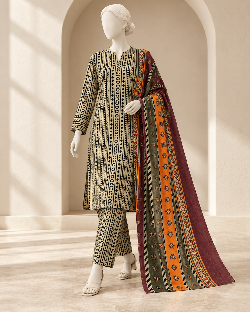 Multicolour Geometric Print 3-Piece Unstitched Printed Khaddar Suit