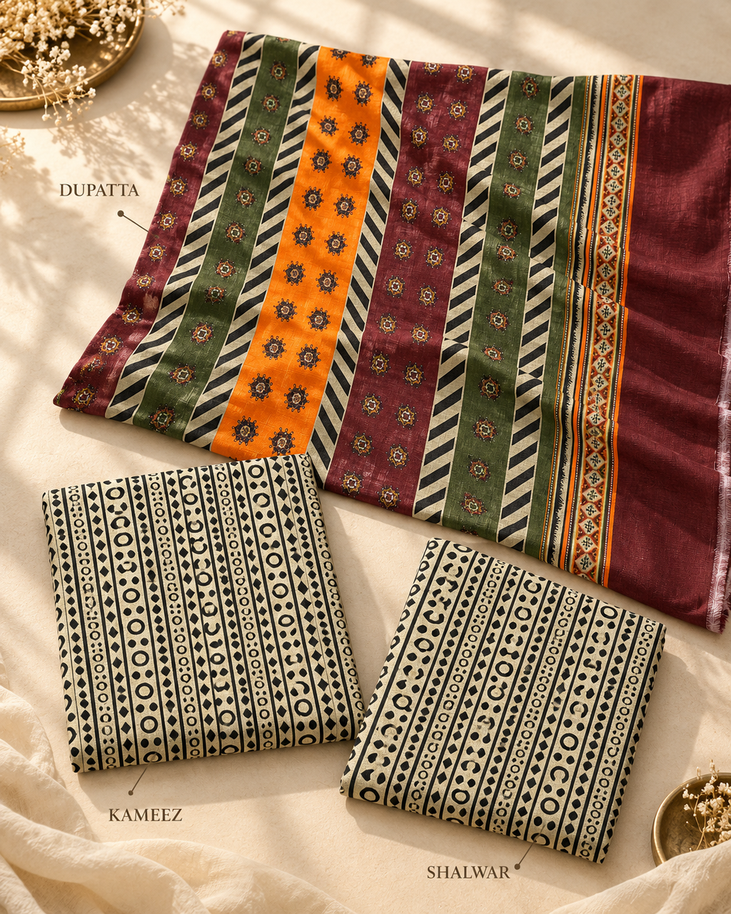 Multicolour Geometric Print 3-Piece Unstitched Printed Khaddar Suit
