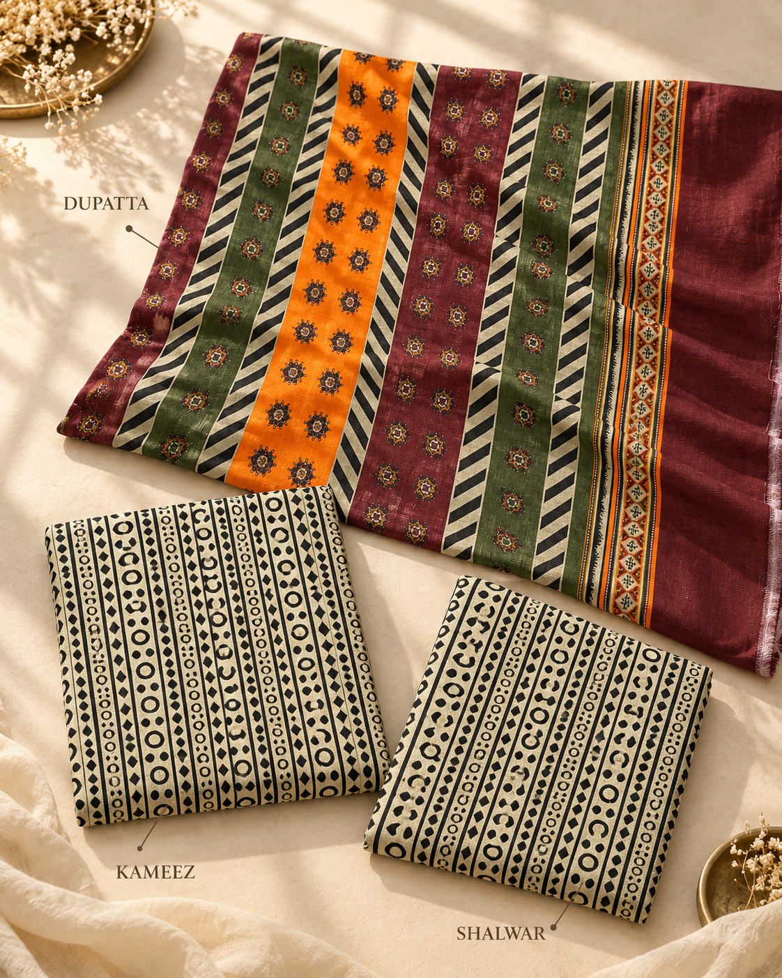 Multicolour Geometric Print 3-Piece Unstitched Printed Khaddar Suit