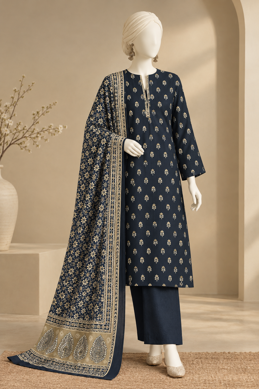 Navy Floral 3-Piece Unstitched Printed Khaddar Suit